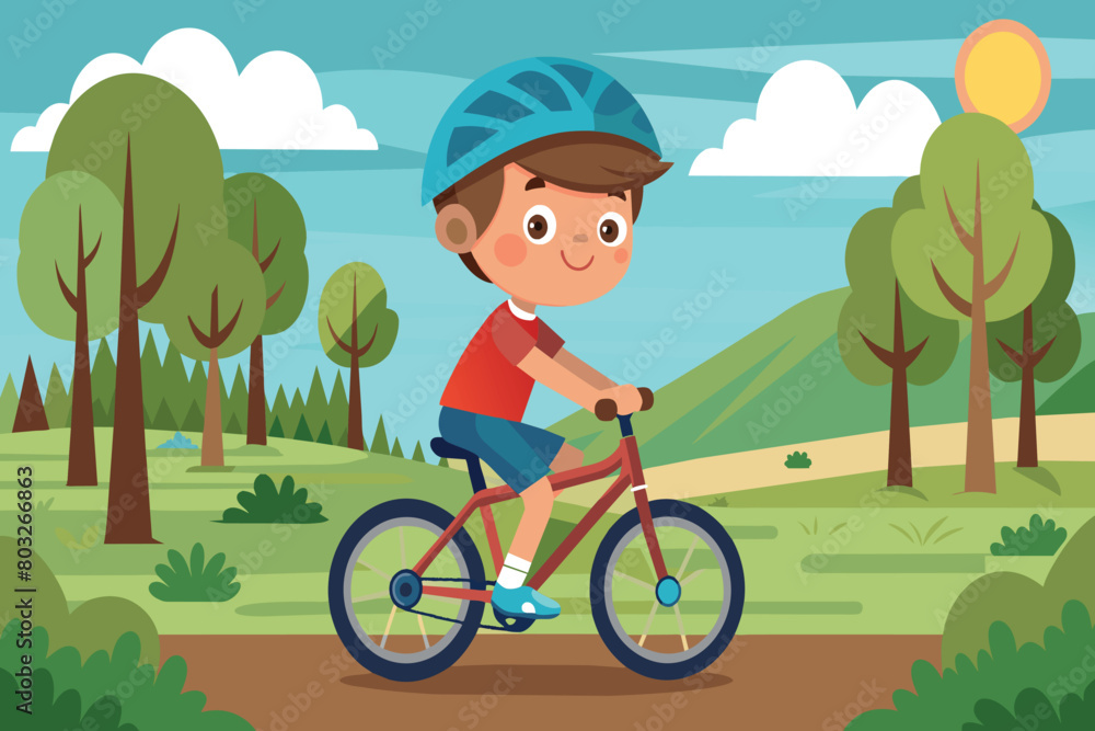 A boy wearing a helmet rides his bike outdoors