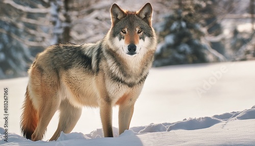  a grey wolf stands in the snow