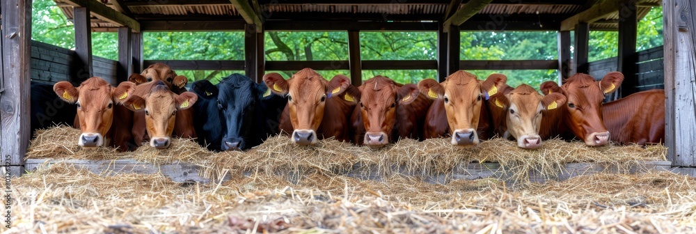 Cattle feeding in barn cows grazing on hay at a dairy farm, agriculture livestock scene Cattle feeding in barn cows grazing on hay at a dairy farm, agriculture livestock scene