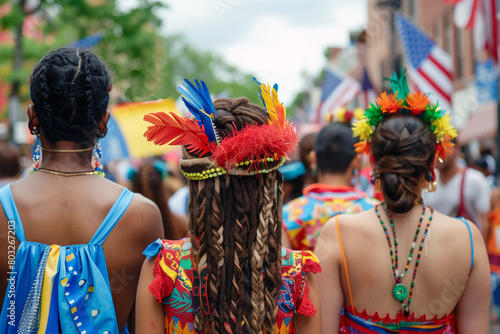 Three women wearing colorful headdresses and necklaces walk down a street