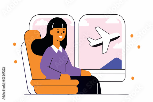 A woman sits contently in an airplane seat, gazing out at the flying aircraft
