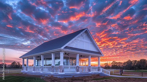 Freshly constructed clubhouse with a white porch and gable roof captured under the colors of a dramatic sunset sky, in ultra HD.