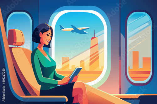 Woman sits by the airplane window, tablet in hand, with a city skyline and plane outside photo