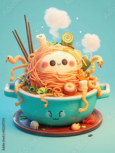 Wormy Noodles A bowl of steaming noodles in a cute animalshaped bowl, but a few squirming, cartoony worms poke out from the noodles , 3D render photo