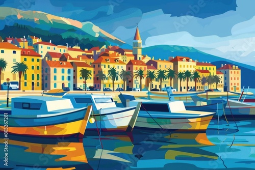 Painting of boats in a harbor, perfect for travel brochures