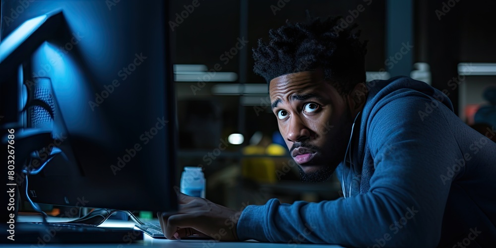 Deskbound Productivity: Man Sits at Desk with Computer Monitor, Engaged in Work Deskbound Productivity: Man Sits at Desk with Computer Monitor, Engaged in Work