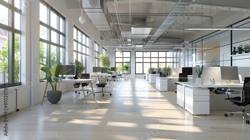 Modern open space office interior with desk AI generate image.