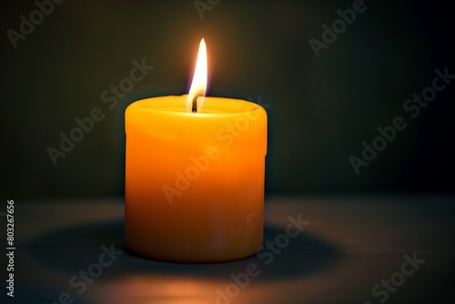 A minimalist composition featuring a single, lit candle with a gently flickering flame, casting a warm glow and soft shadows against a solid dark background.