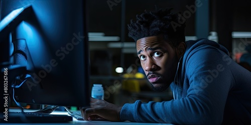 Deskbound Productivity: Man Sits at Desk with Computer Monitor, Engaged in Work © Murda