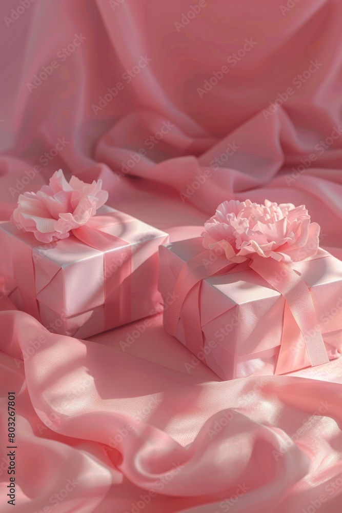 Two pink gift boxes on a pink cloth. Perfect for gift giving occasions Two pink gift boxes on a pink cloth. Perfect for gift giving occasions