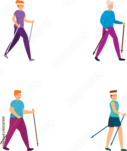 Race walking icons set cartoon vector. People doing nordic walking. Sport, outdoor activity © nsit0108