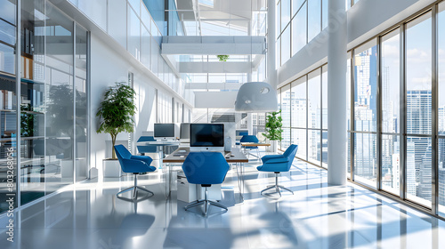 Modern open space office interior with desk AI generate image.