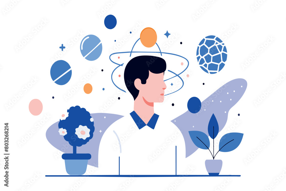 Man surrounded by illustrated planets and stars Man surrounded by illustrated planets and stars