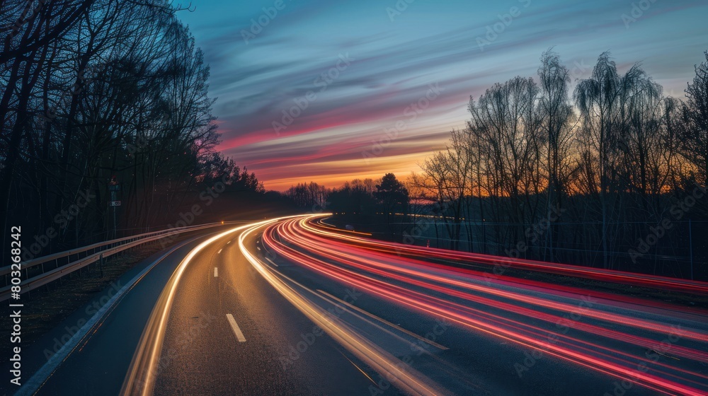 Countryside asphalt road in motion with trees against a night sky Countryside asphalt road in motion with trees against a night sky