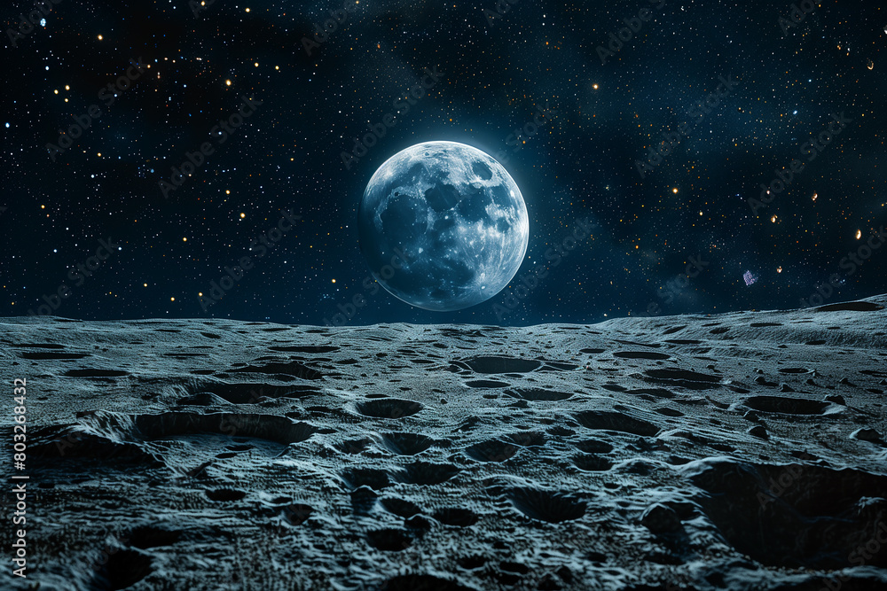 Moon and Earth. Moon with craters in deep black space. Moonwalk. Earth at night.