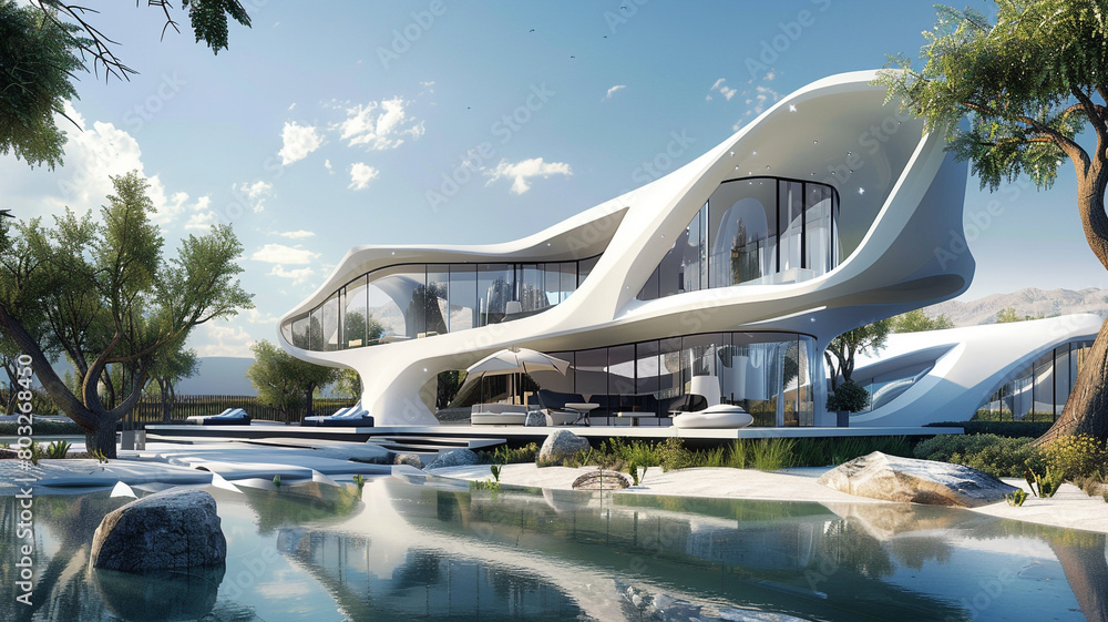 Futuristic residence with asymmetrical architecture and integrated smart home technology, on a sunny summer day.