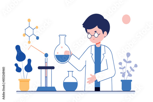 Cartoon scientist working with chemicals and lab equipment