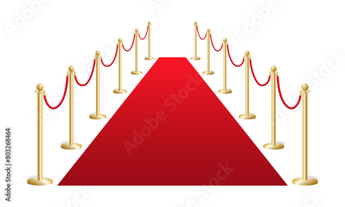 Red vip carpet with fencing gold bollards. Security luxury barrier with rope at solemn ceremonies and vector events