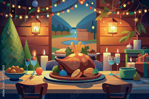 A festive outdoor dinner setting with a roast turkey centerpiece under string lights