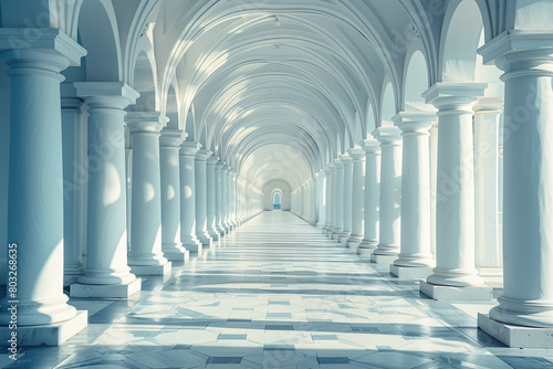 A delightful architectural tunnel of white columns. Archway. Ancient arches architecture detail of old building