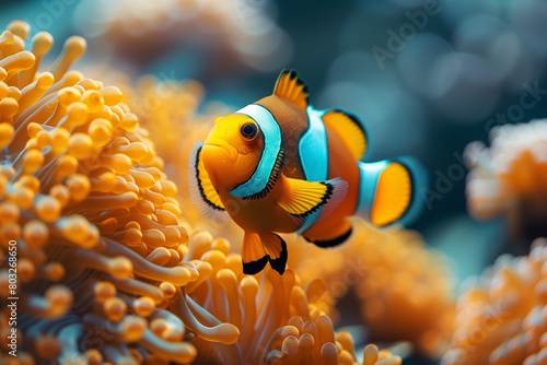 Close-up of a beautiful anemonefish or clown fish (Amphiprion ocellaris) swimming gracefully underwater in a vibrant coral reef