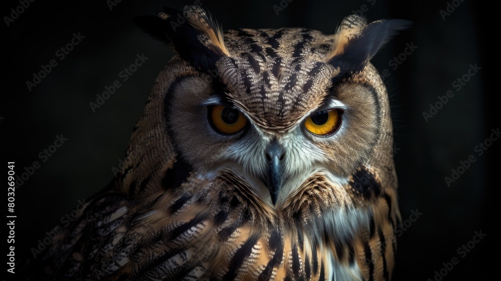 Majestic Owl with Golden Eyes on a Mysterious Dark Background Majestic Owl with Golden Eyes on a Mysterious Dark Background