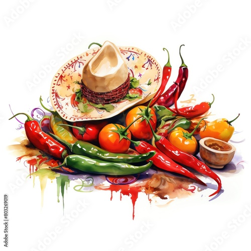 Colorful watercolor painting of Cinco de Mayo symbols, such as mariachi hats and chili peppers, randomly arranged on a white background