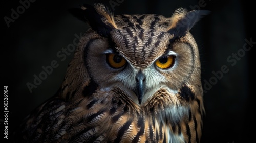 Majestic Owl with Golden Eyes on a Mysterious Dark Background