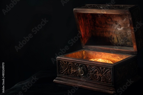 An antique, ornately carved wooden box, slightly ajar to reveal a hint of a mysterious glowing light within, placed against a solid dark background.