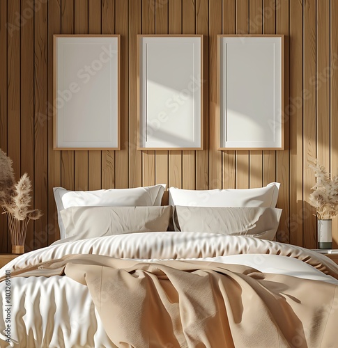 3 empty vertical picture frames on wall in bedroom  wooden panel walls  beige bed sheets and white pillows. The concept of interior design