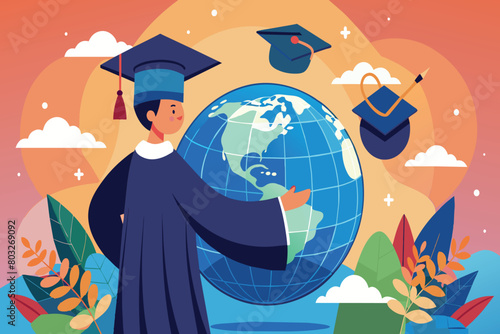 A graduate in cap and gown standing proudly before a world map