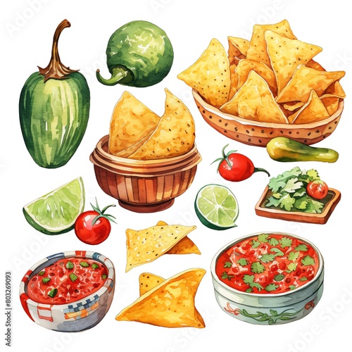 Random assortment of Cinco de Mayo icons in watercolor style, colorful mix of Mexican flags, chips, and guacamole on white