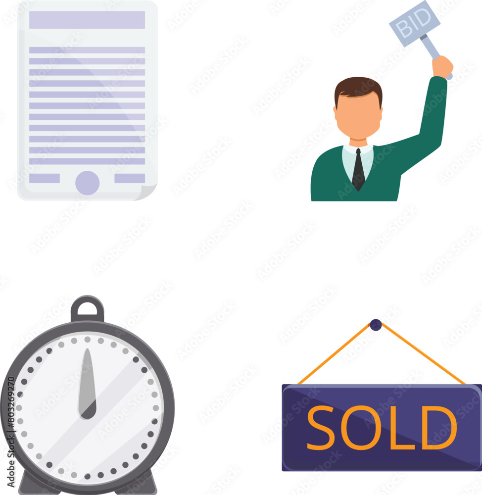 Auction process icons set cartoon vector. Buying and selling lot at auction. Public sale, bidding Auction process icons set cartoon vector. Buying and selling lot at auction. Public sale, bidding