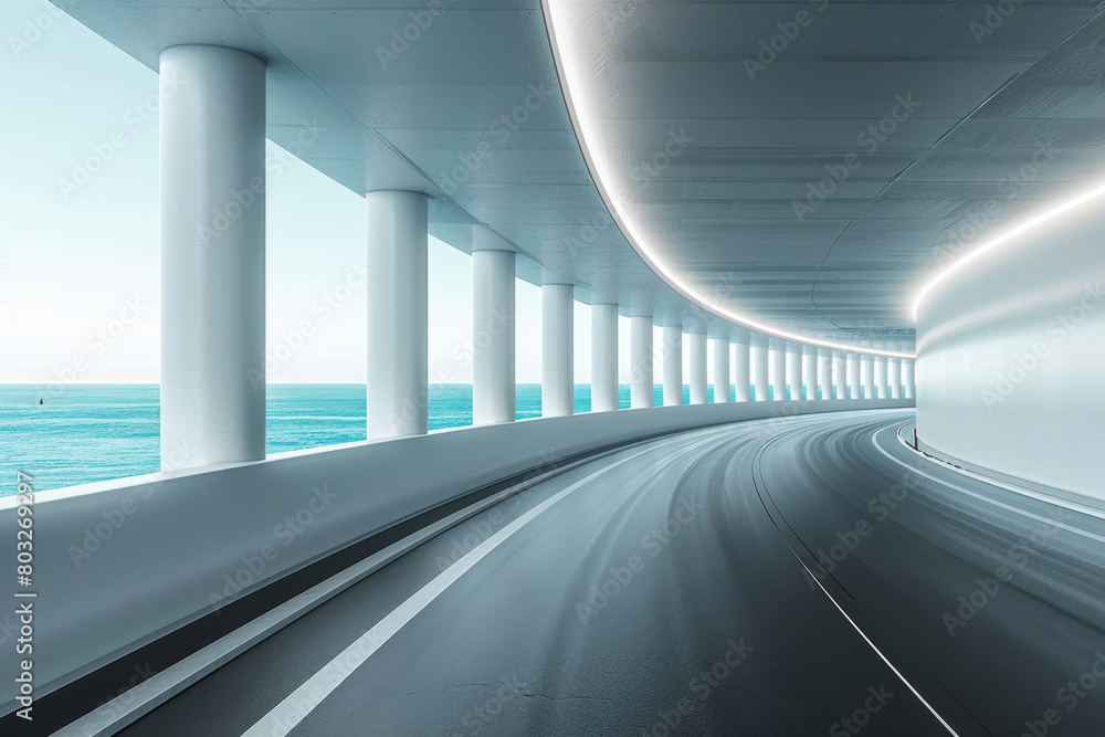Empty highway by the lake,The car passes through the winding corridor. Empty highway by the lake,The car passes through the winding corridor.
