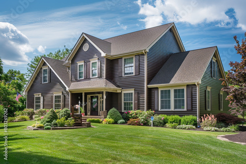 High-angle view capturing the wide expanse of a rich chocolate brown house with siding  traditional windows  and shutters  on a suburban lot.