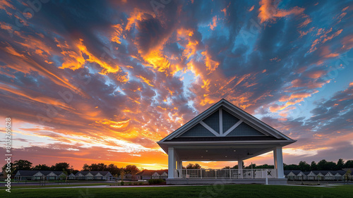 High-resolution image of a dramatic sunset sky behind a new community clubhouse with a white porch and gable roof. photo