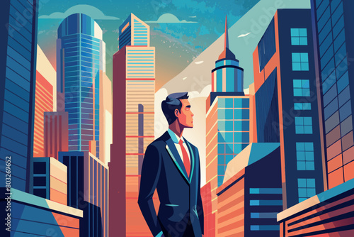 A man in a suit stands before a bustling cityscape, showcasing a contrast between urban life and professional attire