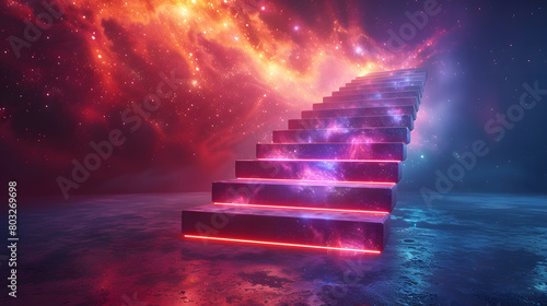 A digital artwork showcasing a glowing staircase leading upwards against a backdrop of a vibrant cosmic nebula
