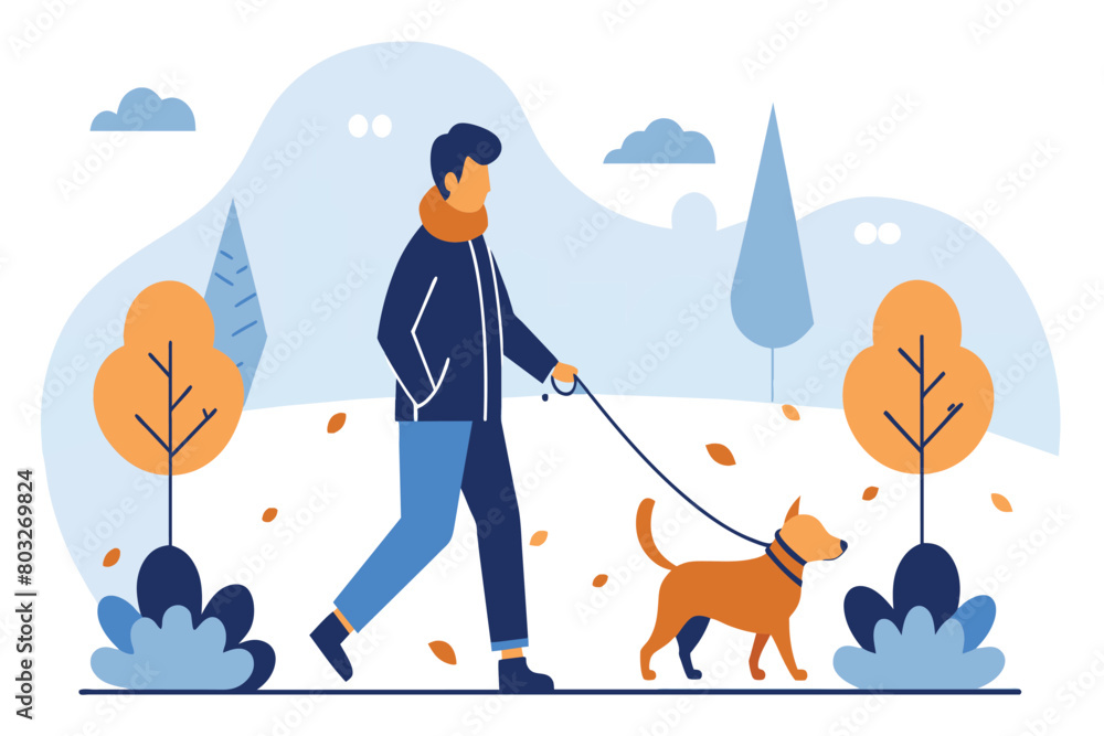 A stylized illustration of a man and his dog enjoying a walk among autumnal trees A stylized illustration of a man and his dog enjoying a walk among autumnal trees