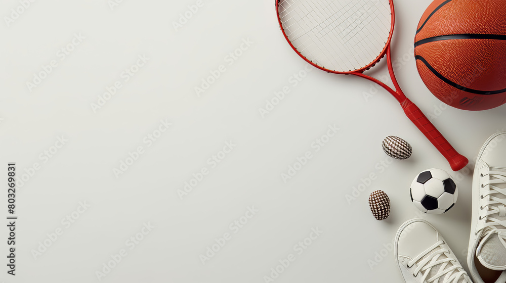 A selection of sports equipment for basketball, tennis, soccer, and casual sports attire laid out on a white background, symbolizing variety in sports