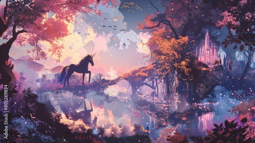 Surreal art of a unicorn in an abstract dreamy landscape with cosmic elements