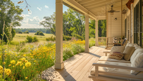Light fawn Cape Cod style vacation home, with a covered porch and a swing overlooking a wildflower meadow. © Zara