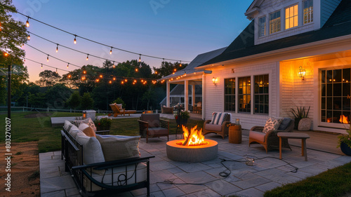 Light coral Cape Cod style vacation home, featuring a large patio area with a fire pit and string lights for evening gatherings. photo