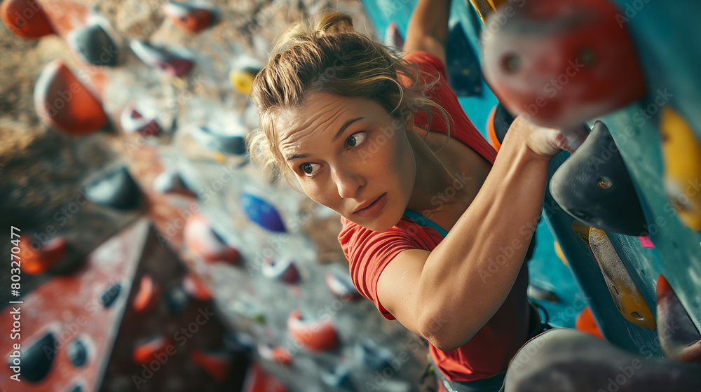 Fototapeta premium A young woman deeply concentrated as she rock climbs on an indoor wall with colorful holds and grips