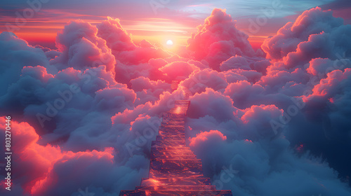 A mystical digital creation depicting a reflective staircase rising through flaming clouds toward the sun at sunset