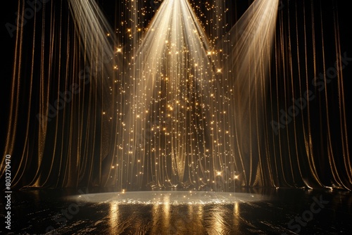 A stage with bright lights shining from the ceiling. Perfect for event or performance backgrounds