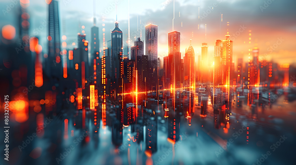 Futuristic cityscape with neon red light trails, reflecting off surfaces, evoking a high-tech urban environment