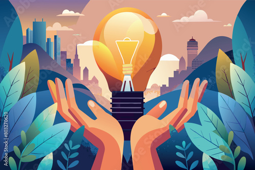 Hands hold a light bulb as dusk falls over an illustrated city