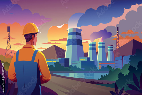 Worker in safety gear observes a power plant at dusk