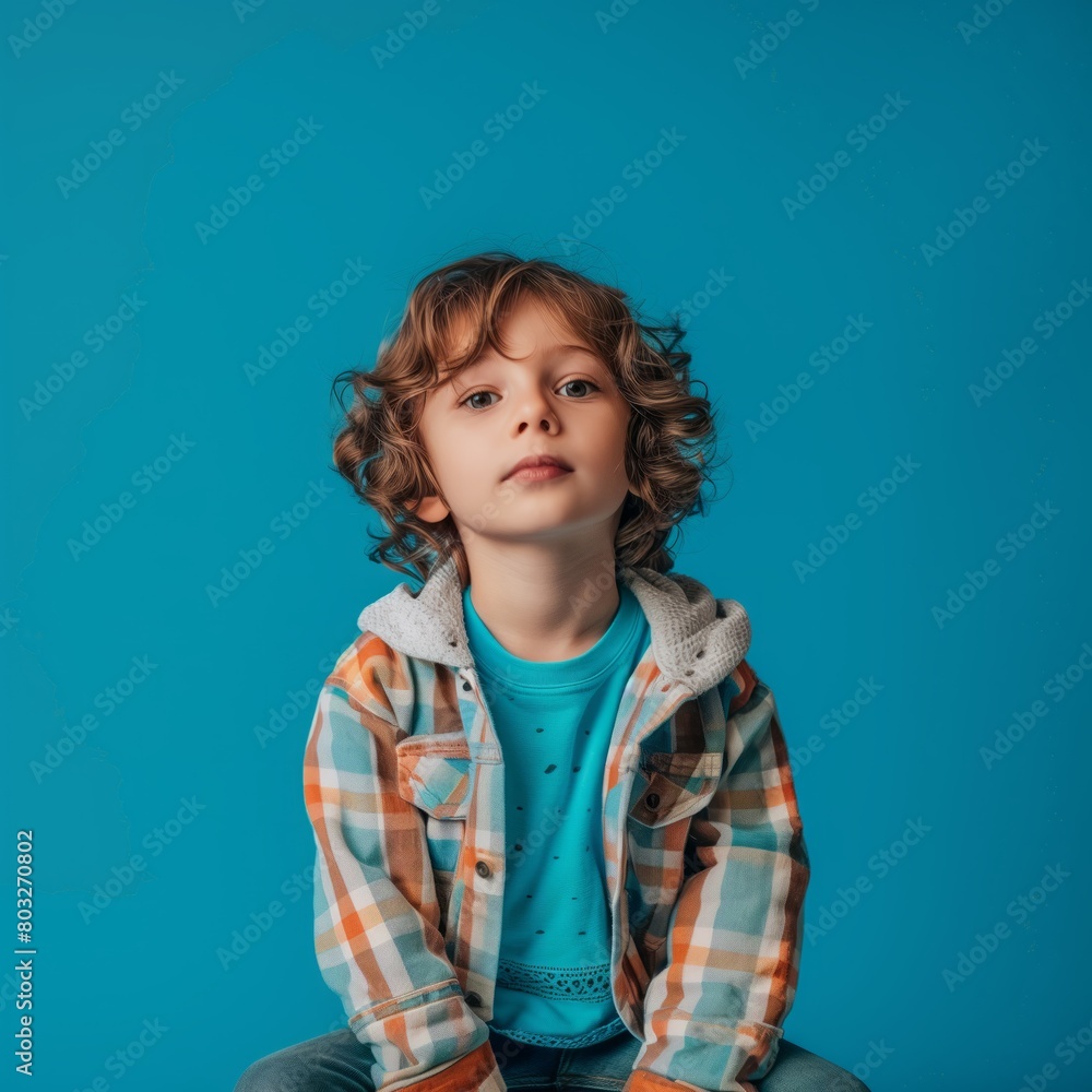 Portrait of child with curly hair on blue Portrait of child with curly hair on blue